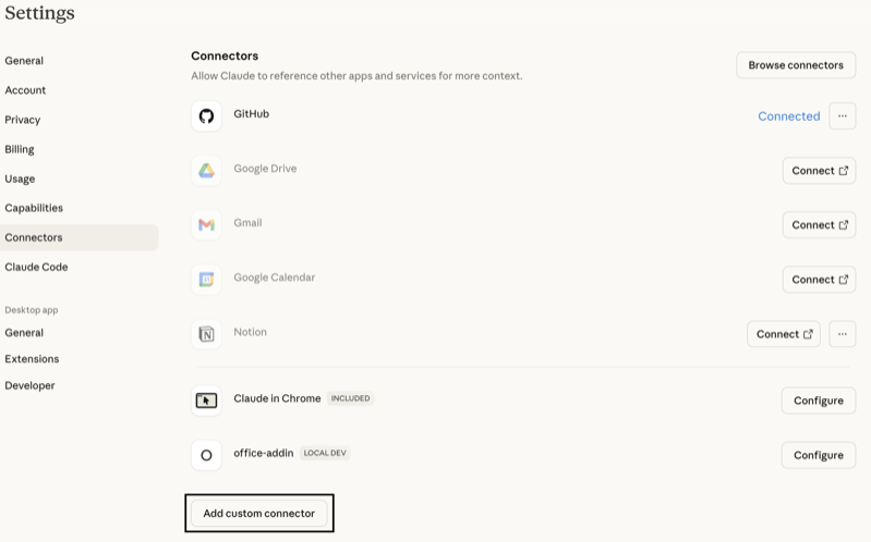 Connectors settings page