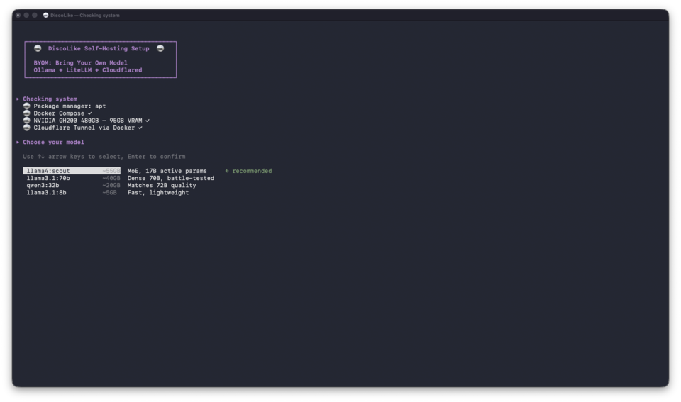 Setup script detecting NVIDIA GH200 GPU and showing model selection