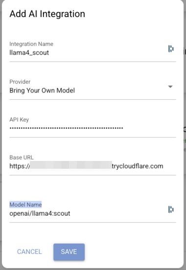 Add AI Integration form with Bring Your Own Model provider, tunnel URL, and model name