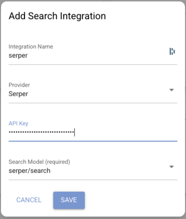 Add Search Integration form with Serper provider and API key
