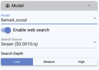 DiscoGen showing self-hosted model selected with Serper web search enabled
