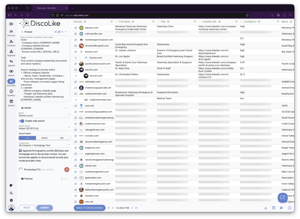 DiscoGen results table showing enriched company data from self-hosted Llama 4 Scout